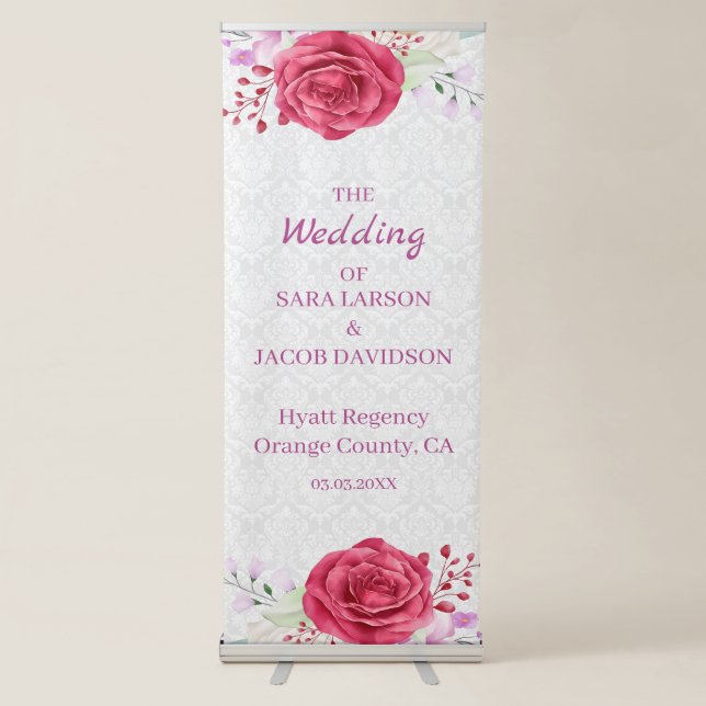 Red Roses And White Damask Retractable Banner (Front)