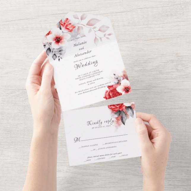 Red roses and white flowers elegant modern wedding all in one invitation (Tearaway)