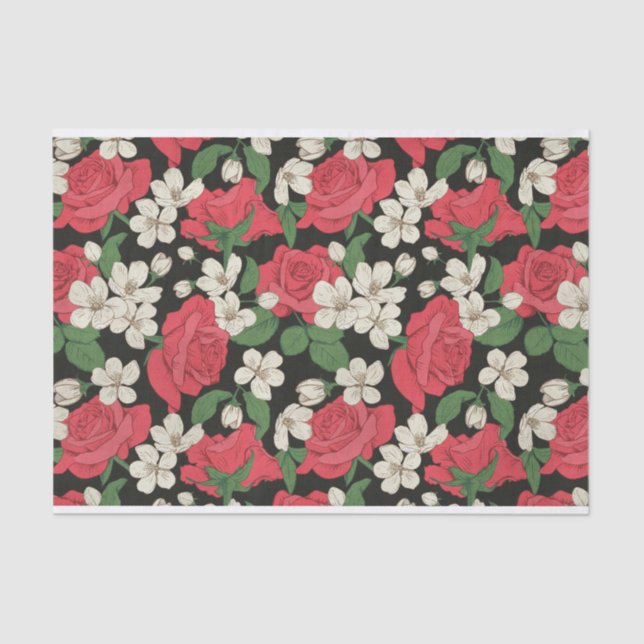 Red Roses and White Flowers Illustrations Pattern Tissue Paper (Front)