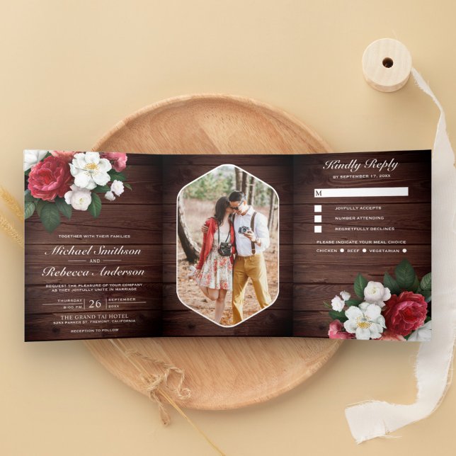 Red Roses and White Magnolia Rustic Wood Wedding Tri-Fold Invitation (Creator Uploaded)