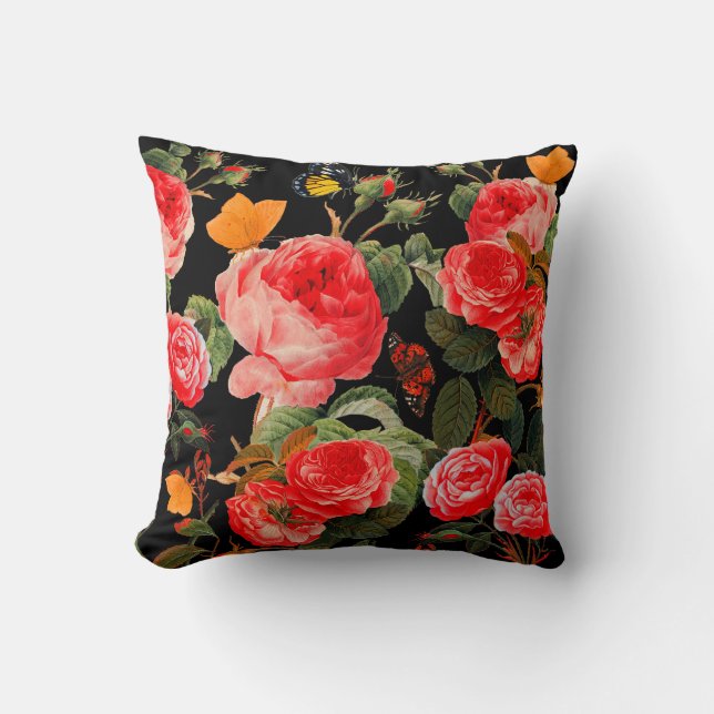 RED ROSES AND YELLOW BUTTERFLIES Black Floral Cushion (Front)