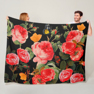 RED ROSES AND YELLOW BUTTERFLIES Black Floral Fleece Blanket
