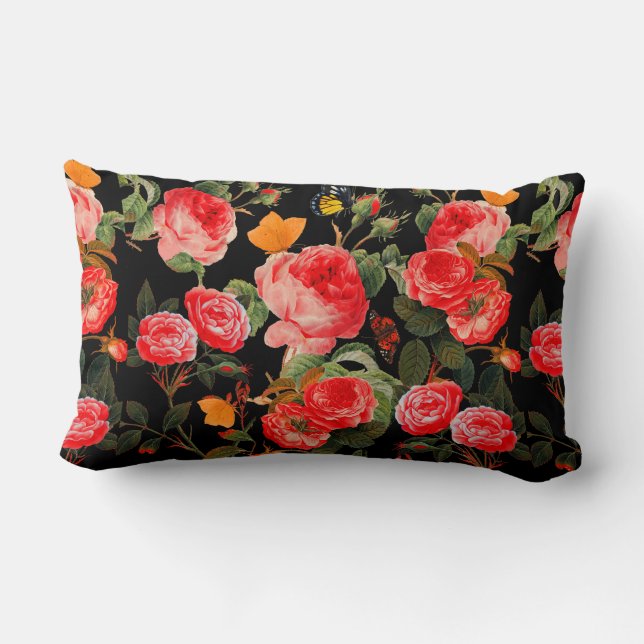 RED ROSES AND YELLOW BUTTERFLIES Black Floral Lumbar Cushion (Back)