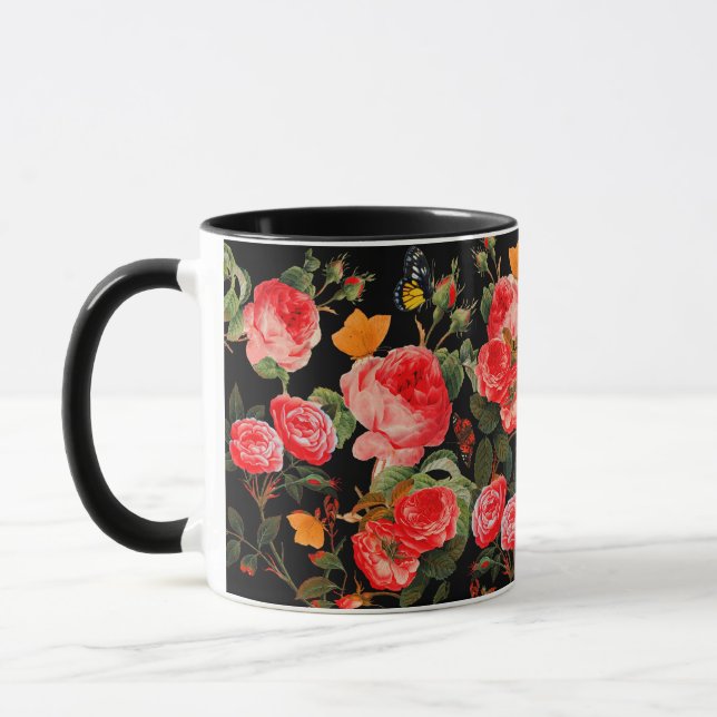 RED ROSES AND YELLOW BUTTERFLIES Black Floral Mug (Left)