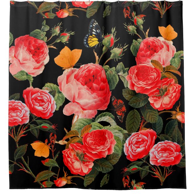 RED  ROSES AND YELLOW BUTTERFLIES Black Floral Shower Curtain (Front)