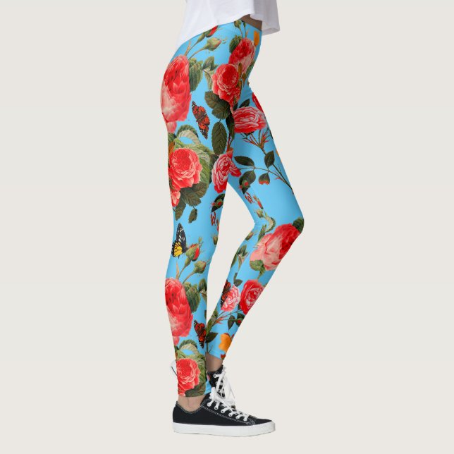 RED ROSES AND YELLOW BUTTERFLIES Blue Floral Leggings (Right)