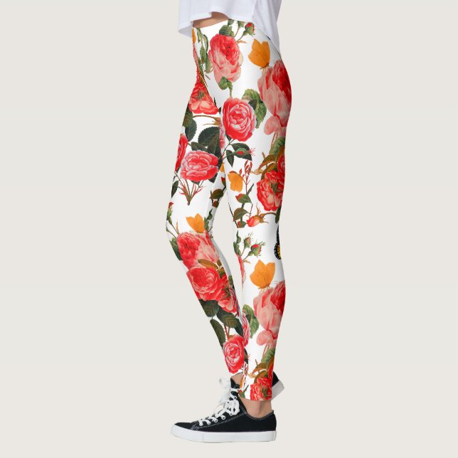 RED ROSES AND YELLOW BUTTERFLIES White Floral Leggings (Left)