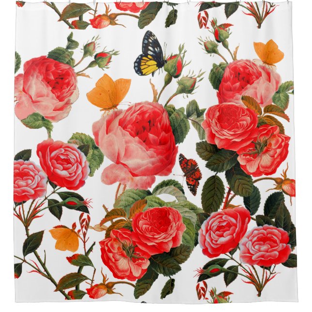 RED ROSES AND YELLOW BUTTERFLIES White Floral Shower Curtain (Front)