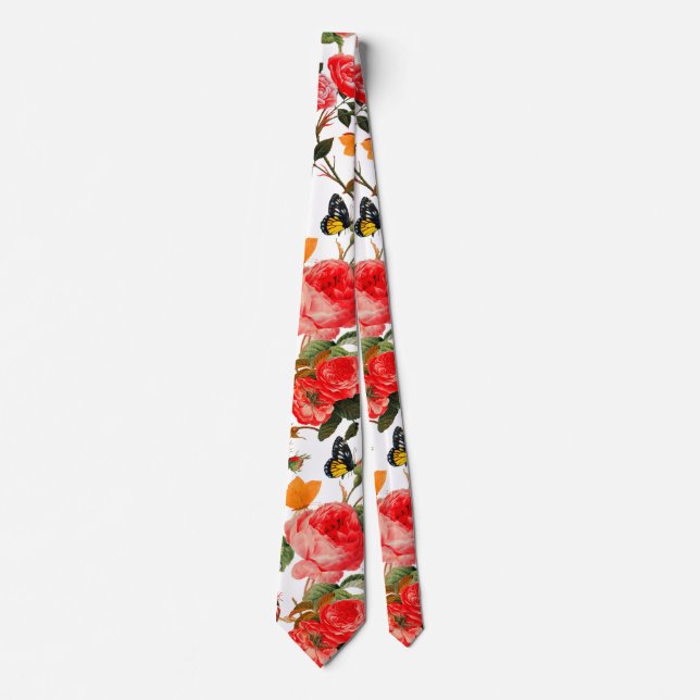 RED ROSES AND YELLOW BUTTERFLIES White Floral Tie (Front)