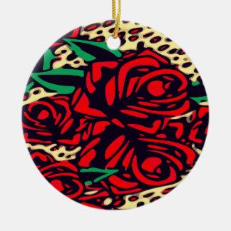 Red Roses Animal Print Safari Ceramic Ornament