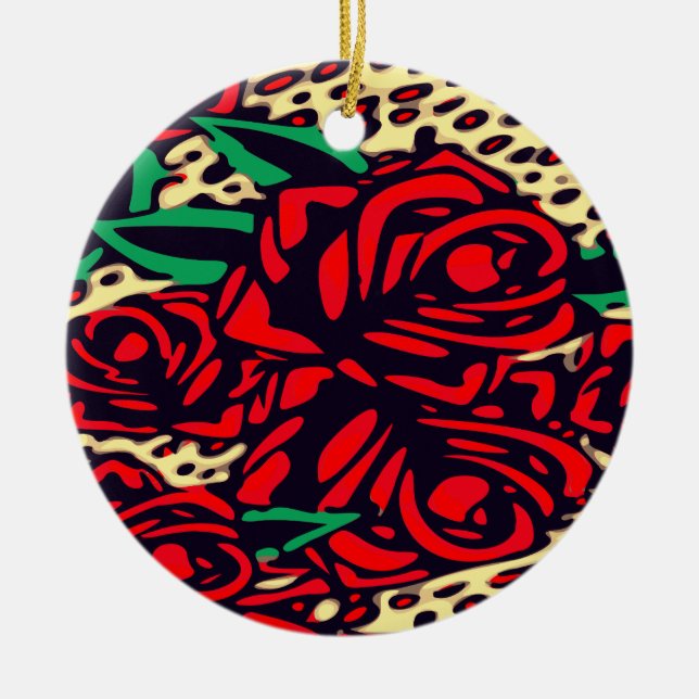 Red Roses Animal Print Safari Ceramic Ornament (Front)