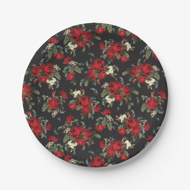 RED ROSES & BABY BREATH FLORAL PAPER PARTY PLATE (Front)