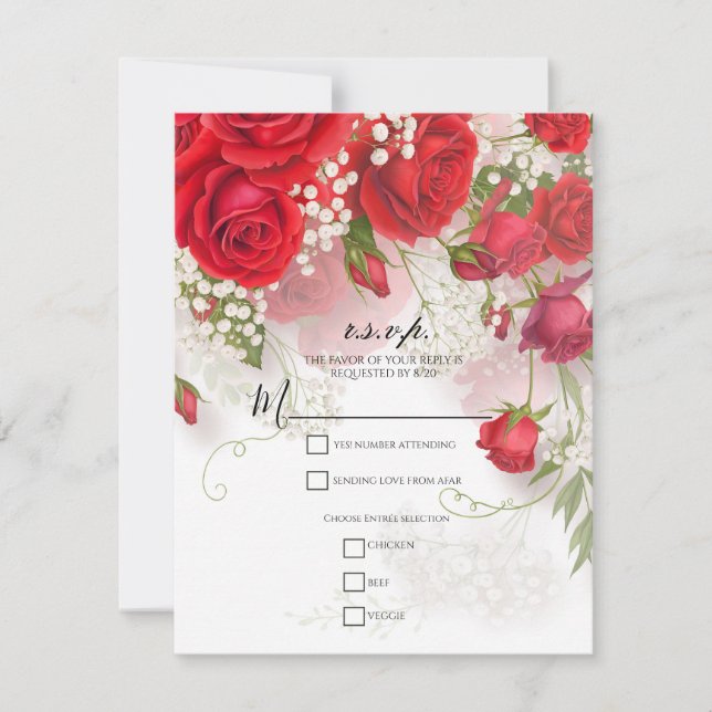 Red Roses & Babys Breath Elegant Floral R.S.V.P. Invitation (Front)