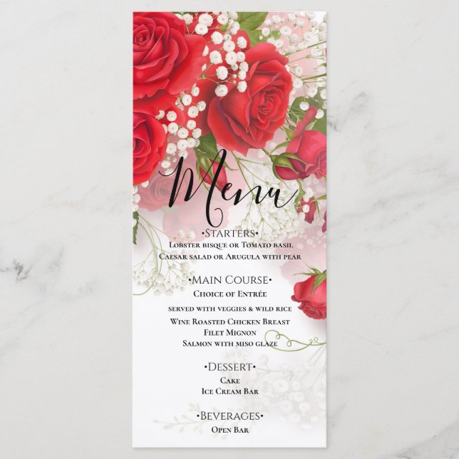 Red Roses & Babys Breath Elegant Floral Wedding  Menu (Front)
