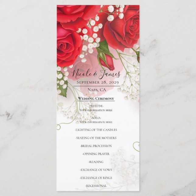 Red Roses & Babys Breath Elegant Floral Wedding  Menu (Front)