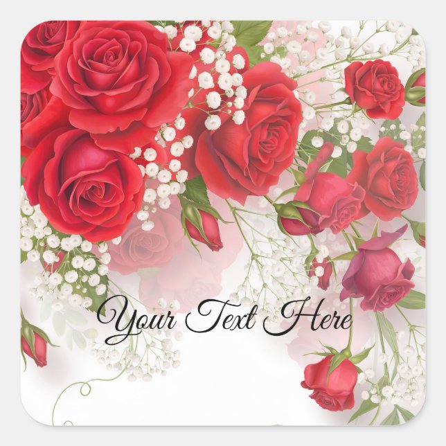 Red Roses & Babys Breath Elegant Floral Wedding  Square Sticker (Front)