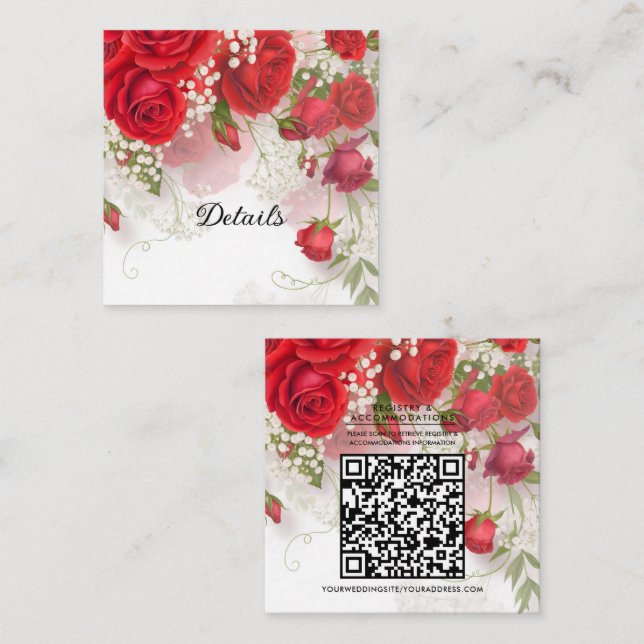 Red Roses & Babys Breath Floral Wedding Details Square Business Card (Front/Back)