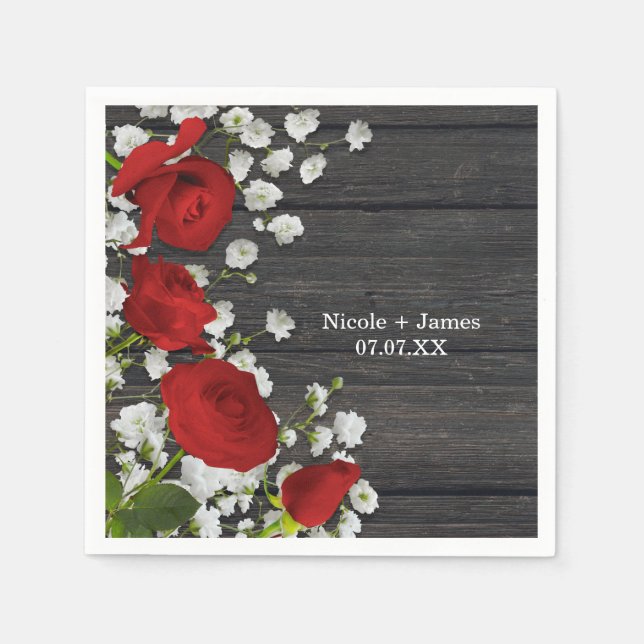Red Roses & Baby's Breath on Wood Bridal Shower Napkin (Front)
