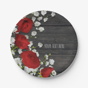 Red Roses & Baby's Breath on Wood Bridal Shower Paper Plate