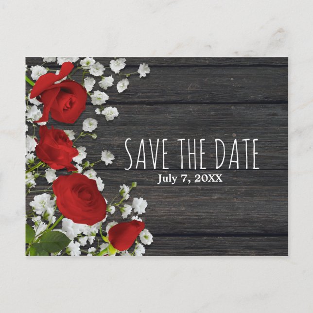 Red Roses & Baby's Breath on Wood Save The Date Announcement Postcard (Front)