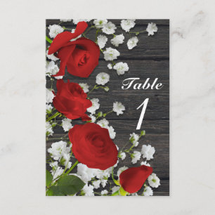 Red Roses & Baby's Breath on Wood Table Number