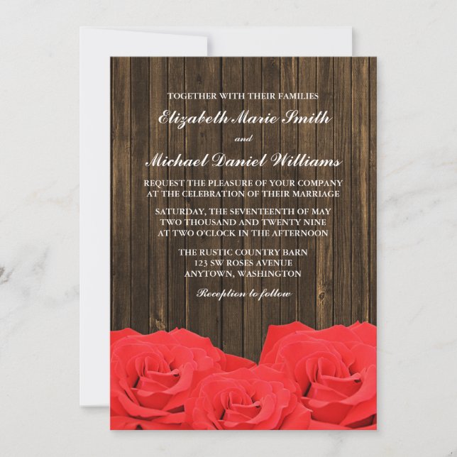 Red Roses Barn Wood Wedding Invitation (Front)