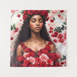 Red Roses Beautiful Black Woman Art Tapestry