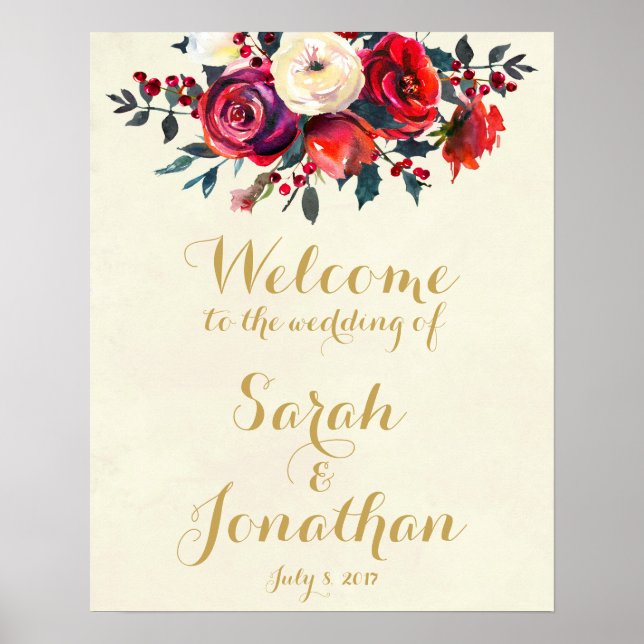 Red roses berries winter wedding welcome sign (Front)