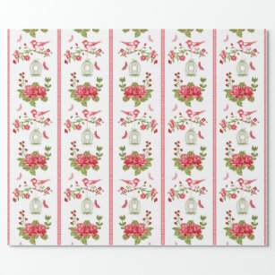 Red Roses Birds & Bird Cages Seamless Pattern Wrapping Paper
