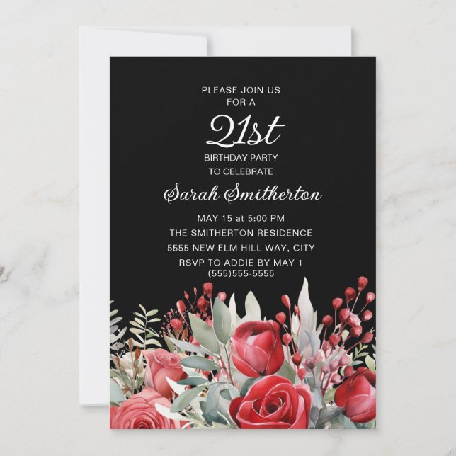 Red Roses Black 21st Birthday Invitation (Front)