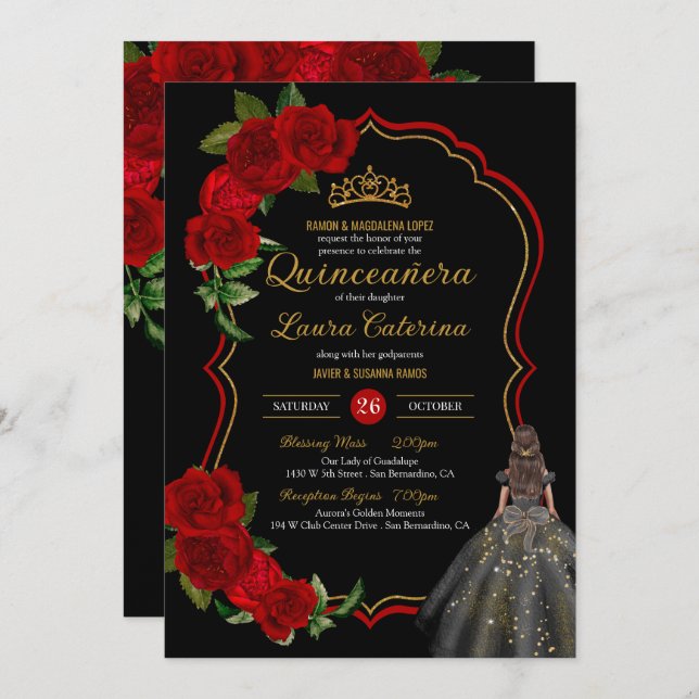 Red Roses Black and Gold Elegant Dress Quinceanera Invitation (Front/Back)