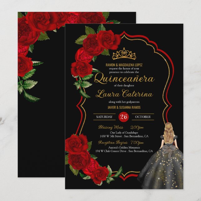 Red Roses Black and Gold Elegant Dress Quinceanera Invitation (Front/Back)