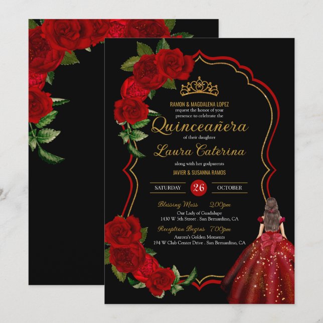 Red Roses Black and Gold Elegant Dress Quinceanera Invitation (Front/Back)