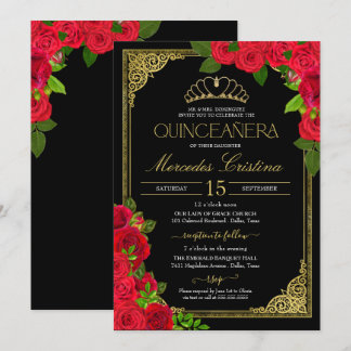 Red Roses Black and Gold Elegant Quinceañera Invit Invitation