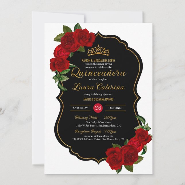 Red Roses Black and Gold Elegant Quinceanera  Invitation (Front)