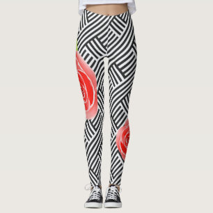 Red Roses Black and White Stripes Leggings