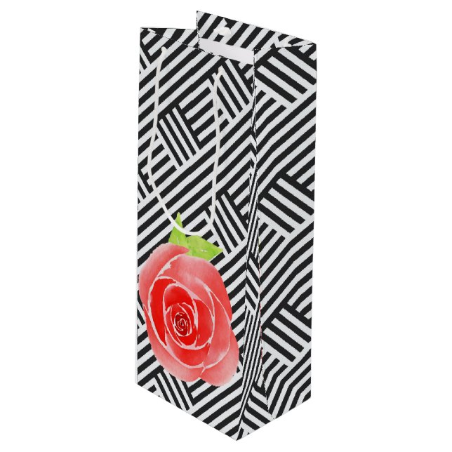 Red Roses Black and White Stripes Wine Gift Bag (Front Angled)