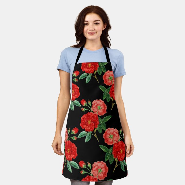 Red roses, black background, apron (Worn)