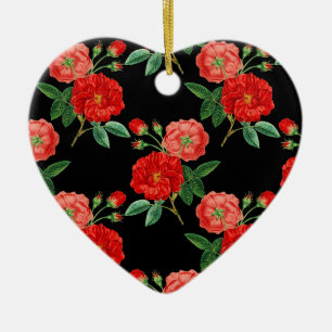Red Roses, Black Background, Ceramic Tree Decoration