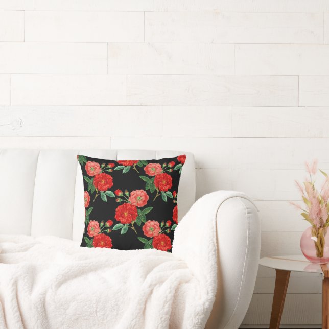 Red Roses, Black Background, Cushion (Couch)