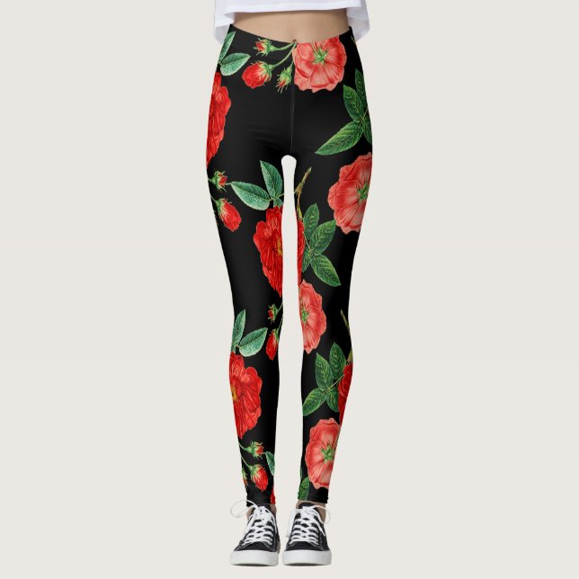 Red roses, black background, leggings (Front)