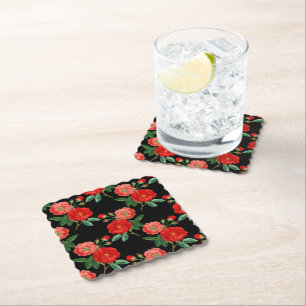 Red Roses, Black Background, Paper Coaster