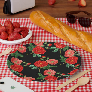 Red Roses, Black Background, Paper Plate