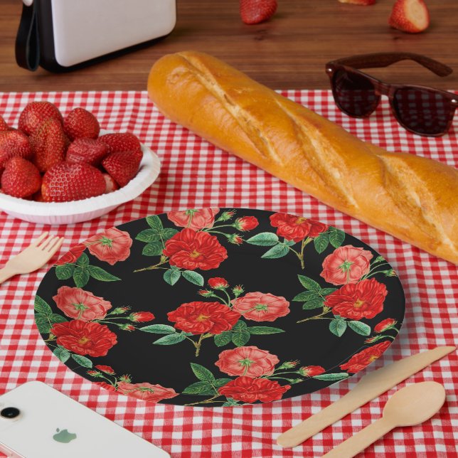 Red Roses, Black Background, Paper Plate (Picnic)