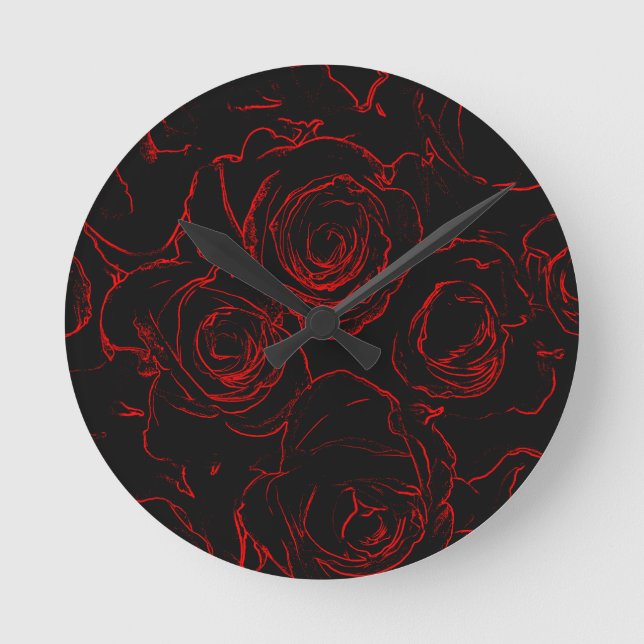 Red Roses Black Background Round Clock (Front)