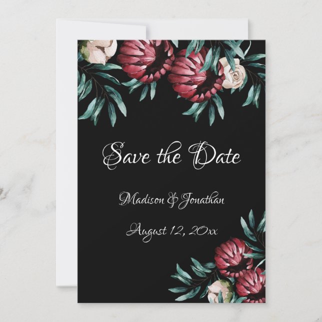 Red Roses Black Background Script Elegant Save The Date (Front)