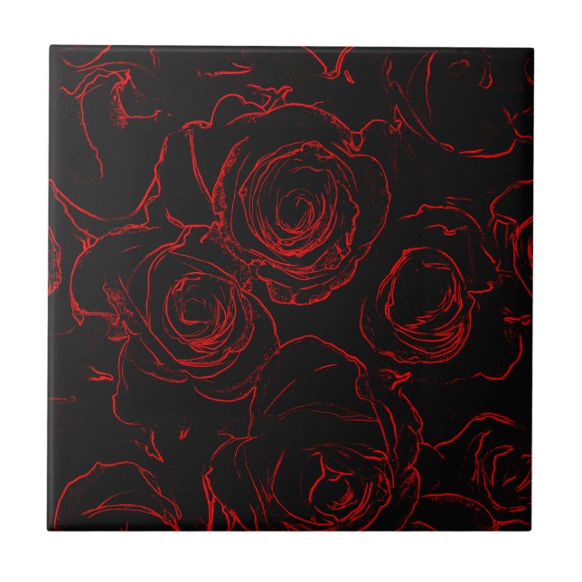 Red Roses Black Background Tile (Front)