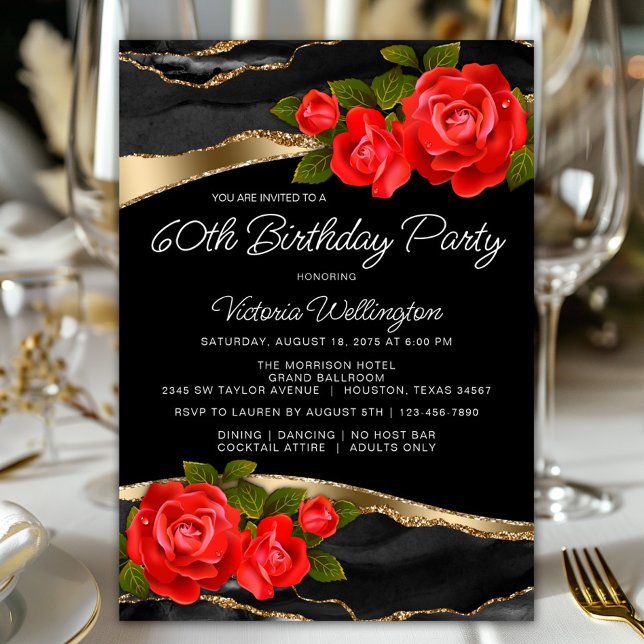 Red Roses Black Gold Any Number Birthday Invitation (Pretty red roses on an elegant black and gold background any number birthday and event invitation.)