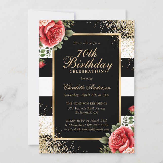 Red Roses Black Gold Confetti 70th Birthday Invitation (Front)