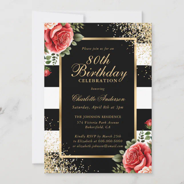 Red Roses Black Gold Confetti 80th Birthday Invitation | Zazzle